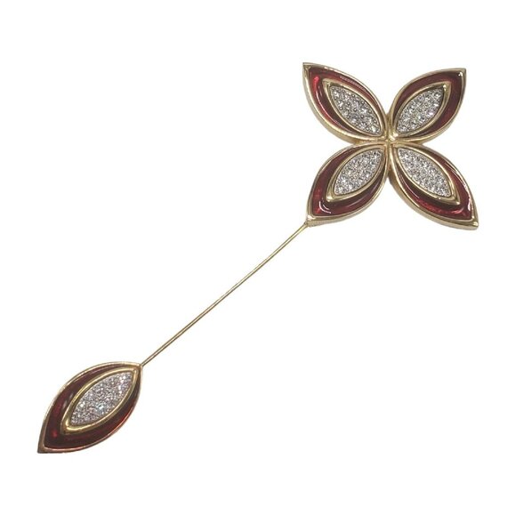 Vtg Monet Quatrefoil Stick Lapel Pin Brooch 4" Red Enamel Gold Tone Rhinestone - Picture 2 of 8